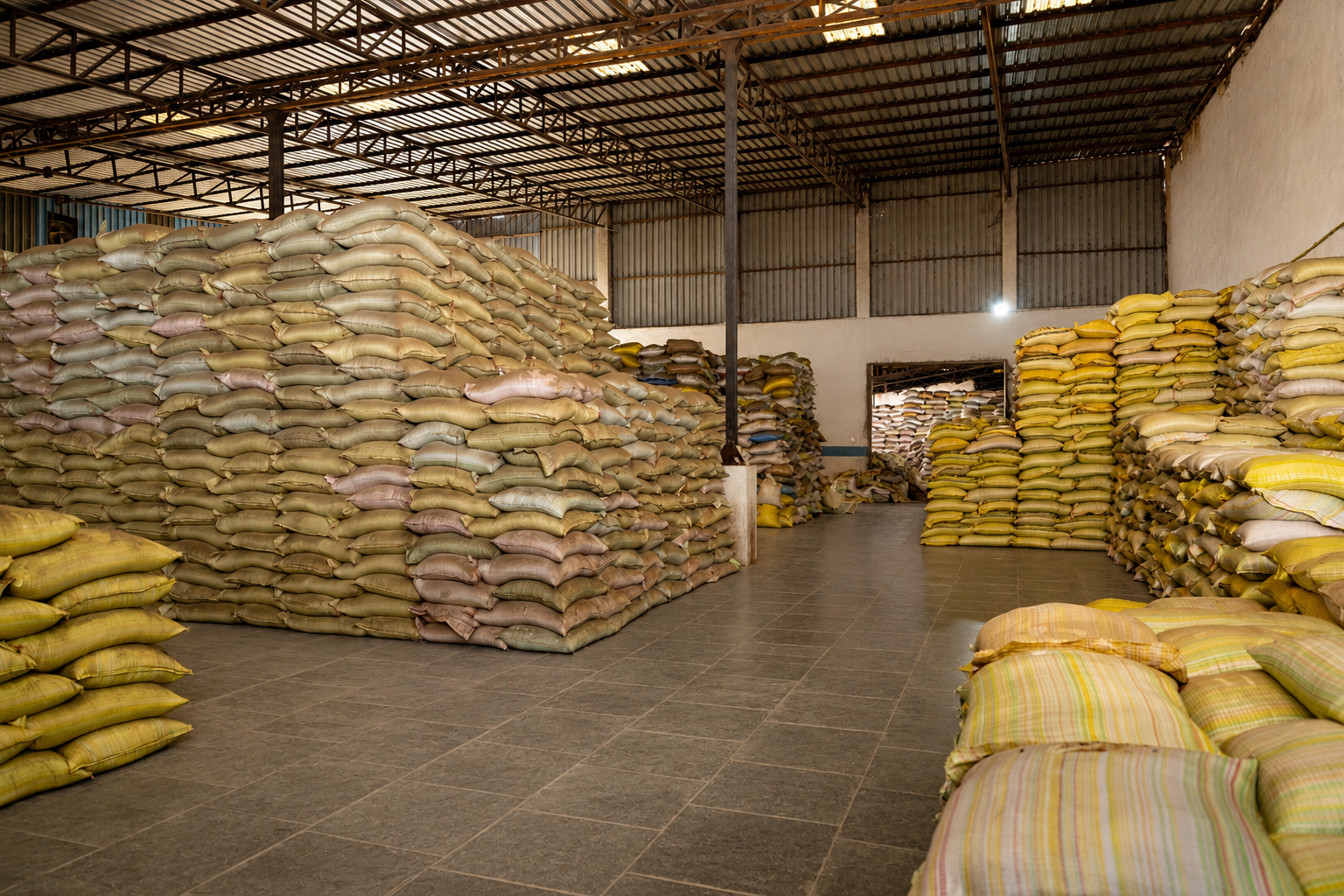Warehouse with stacked rice bags